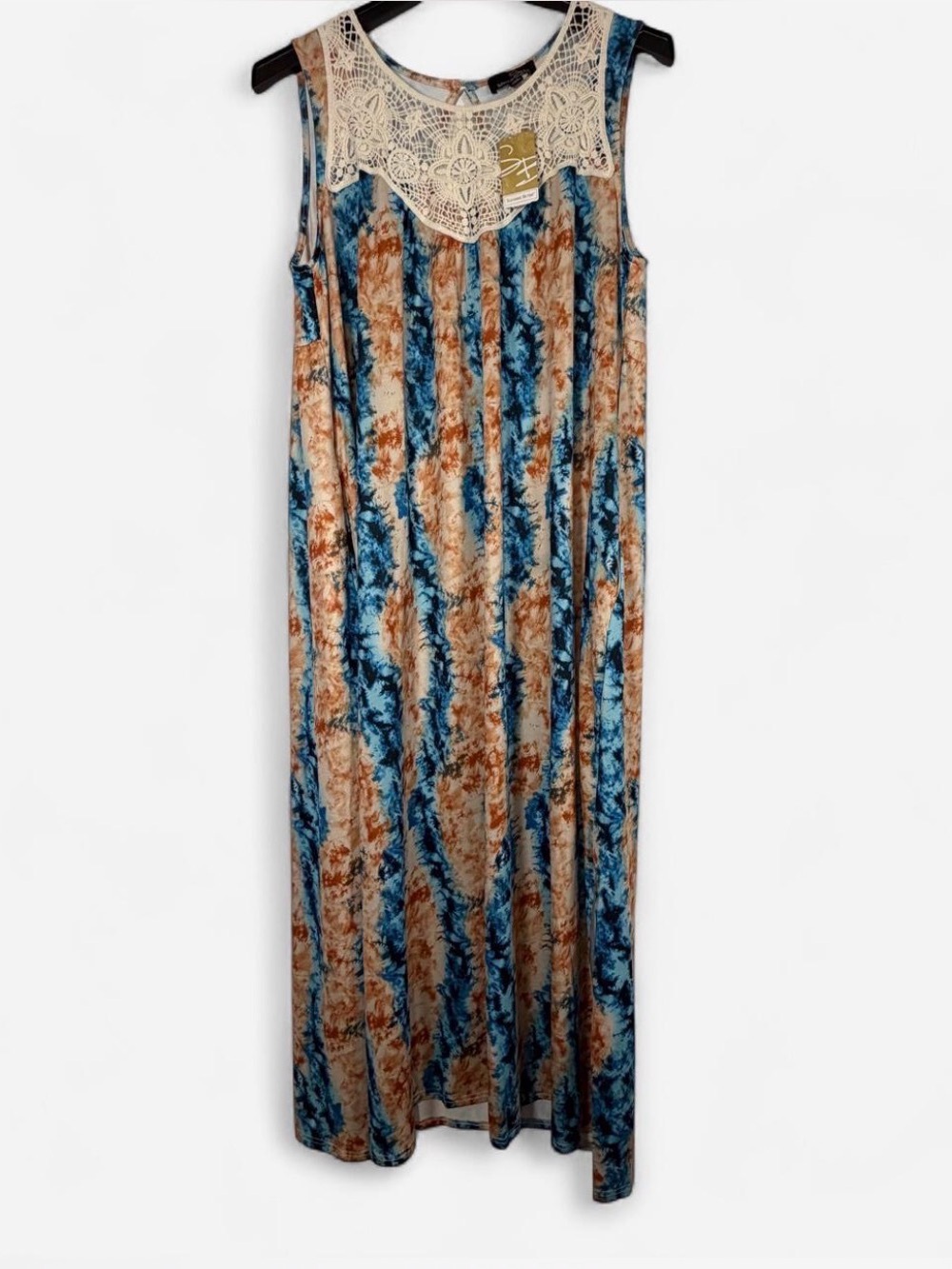 NWT-Suzanne Betro Blue & Brown Lace Yoke Maxi Dress XL